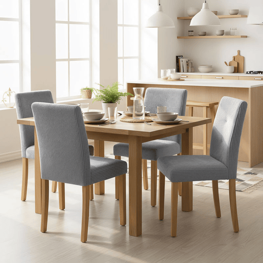 HOMCOM Conjunto de 4 Cadeiras de Jantar Modernas Encosto Alto Estofadas em Tecido Canelado Tipo Veludo Assento Acolchoado Pernas de Madeira 44x56x90 cm Cinzento