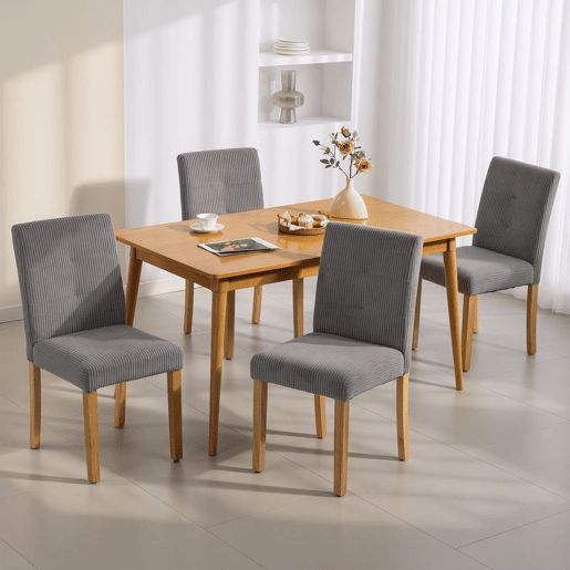 HOMCOM Conjunto de 4 Cadeiras de Jantar Modernas Encosto Alto Estofadas em Tecido Canelado Tipo Veludo Assento Acolchoado Pernas de Madeira 44x56x90 cm Cinzento