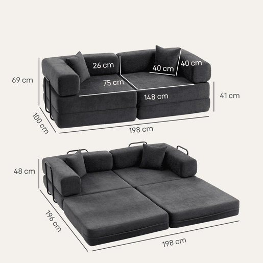 HOMCOM Sofá Cama de 2 Lugares Dobrável Sofá Cama Estofado em Chenilla com 2 Almofadas Braços Largos Acolchoamento Grosso Sem Necessidade de Montagem para Quarto Sala Cinzento Escuro HOMCOM Sofá Cama de 2 Lugares Dobrável Sofá Cama Estofado em Chenilla com 2 Almofadas Braços Largos Acolchoamento Grosso Sem Necessidade de Montagem para Quarto Sala Cinzento Escuro