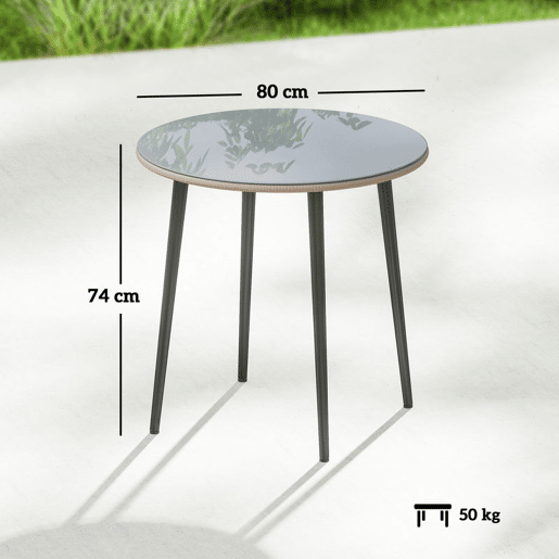 Outsunny Mesa de Jantar de Jardim Redonda com Tampo de Vidro Temperado e Borda em Vime Estrutura de Aço 80x80x74 cm Carga 50 kg para Pátio Varanda Cinzento