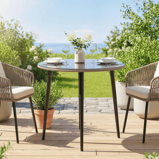 Outsunny Mesa de Jantar de Jardim Redonda com Tampo de Vidro Temperado e Borda em Vime Estrutura de Aço 80x80x74 cm Carga 50 kg para Pátio Varanda Cinzento
