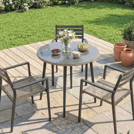Outsunny Mesa de Jantar de Jardim Redonda com Tampo de Vidro Temperado e Borda em Vime Estrutura de Aço 80x80x74 cm Carga 50 kg para Pátio Varanda Cinzento