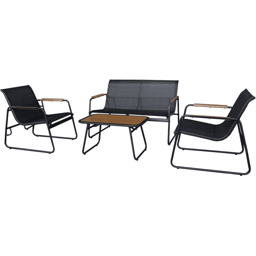 Conjunto de mobiliário de jardim em metal Sparta com decoração em imitação de madeira - 4 lugares - Preto