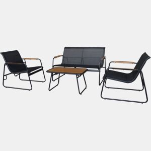 Conjunto de mobiliário de jardim em metal Sparta com decoração em imitação de madeira - 4 lugares - Preto