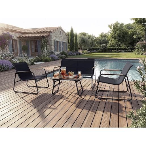 Conjunto de mobiliário de jardim em metal Sparta com decoração em imitação de madeira - 4 lugares - Preto