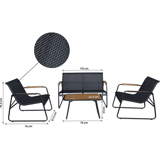 Conjunto de mobiliário de jardim em metal Sparta com decoração em imitação de madeira - 4 lugares - Preto