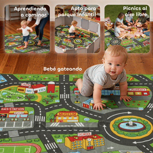 AIYAPLAY Tapete Infantil Estrada de Cidade 200x150 cm Tapete Educativo Antiderrapante para Bebés para Sala e Quarto Textura Suave Multicor