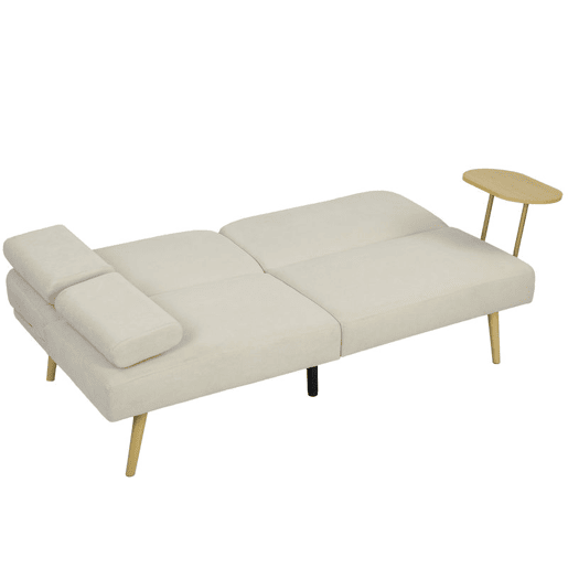 HOMCOM Sofá Cama de 3 Lugares com Mesa Auxiliar 3 em 1 Conversível com Encosto Ajustável Abertura Click-Clack 2 Almofadas para Apoio de Braços e Pés de Metal 196x86x81 cm Bege