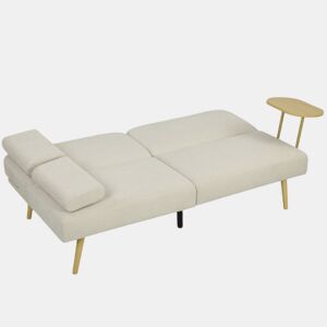 HOMCOM Sofá Cama de 3 Lugares com Mesa Auxiliar 3 em 1 Conversível com Encosto Ajustável Abertura Click-Clack 2 Almofadas para Apoio de Braços e Pés de Metal 196x86x81 cm Bege