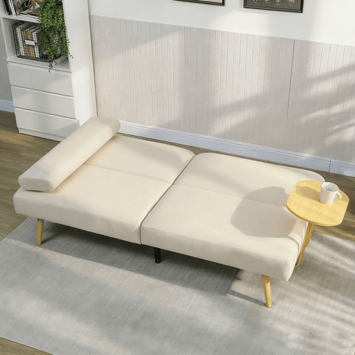 HOMCOM Sofá Cama de 3 Lugares com Mesa Auxiliar 3 em 1 Conversível com Encosto Ajustável Abertura Click-Clack 2 Almofadas para Apoio de Braços e Pés de Metal 196x86x81 cm Bege