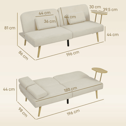 HOMCOM Sofá Cama de 3 Lugares com Mesa Auxiliar 3 em 1 Conversível com Encosto Ajustável Abertura Click-Clack 2 Almofadas para Apoio de Braços e Pés de Metal 196x86x81 cm Bege