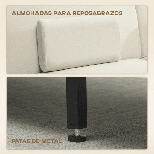 HOMCOM Sofá Cama de 3 Lugares com Mesa Auxiliar 3 em 1 Conversível com Encosto Ajustável Abertura Click-Clack 2 Almofadas para Apoio de Braços e Pés de Metal 196x86x81 cm Bege