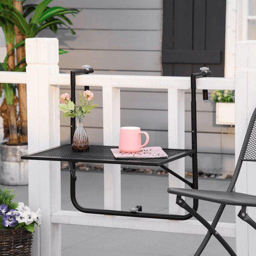 Outsunny Mesa Suspensa para Varanda Mesa Dobrável de Metal para Corrimão com Altura Ajustável em 4 Níveis Carga 10 kg para Terraço Jardim Exterior 60x60x57-72 cm Preto