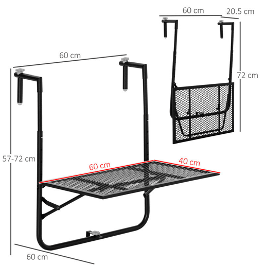 Outsunny Mesa Suspensa para Varanda Mesa Dobrável de Metal para Corrimão com Altura Ajustável em 4 Níveis Carga 10 kg para Terraço Jardim Exterior 60x60x57-72 cm Preto