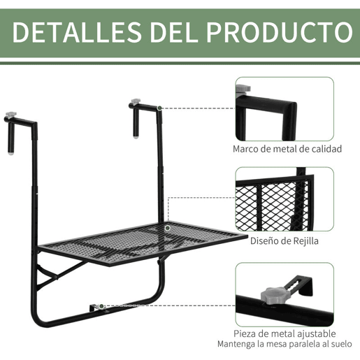 Outsunny Mesa Suspensa para Varanda Mesa Dobrável de Metal para Corrimão com Altura Ajustável em 4 Níveis Carga 10 kg para Terraço Jardim Exterior 60x60x57-72 cm Preto