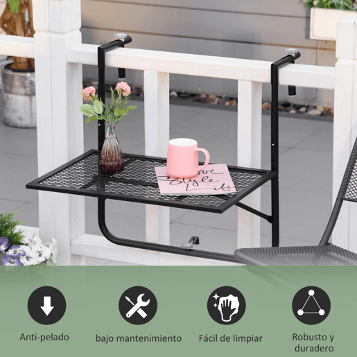 Outsunny Mesa Suspensa para Varanda Mesa Dobrável de Metal para Corrimão com Altura Ajustável em 4 Níveis Carga 10 kg para Terraço Jardim Exterior 60x60x57-72 cm Preto