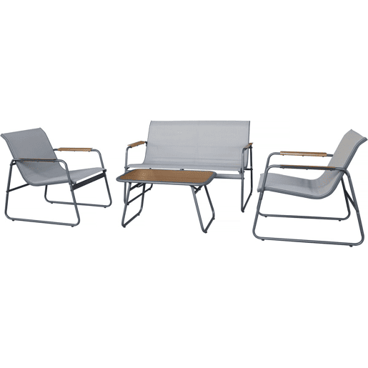 Conjunto de mobiliário de jardim em metal Sparta com decoração em imitação de madeira - 4 lugares - Cinzento claro