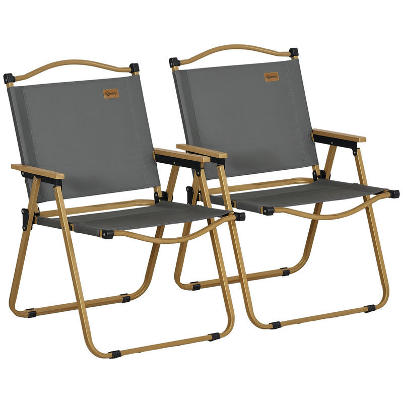 Outsunny pack de 2 sillas plegable de camping, sillas de camping portátil con reposabrazos y estructura de acero, silla para pesca, jardín, terraza, gris oscuro