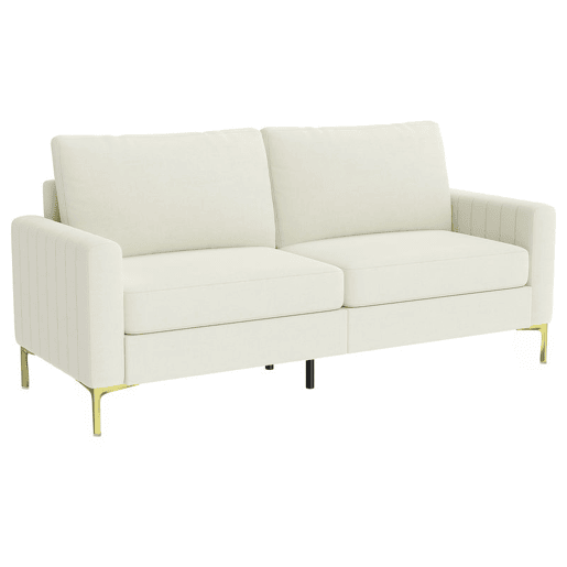 HOMCOM Sofá de 3 Lugares Sofá de Sala de Estar de 181 cm Estofado em Veludo Almofadas Espessas Pernas de Metal Estrutura de Madeira para Sala Escritório Creme