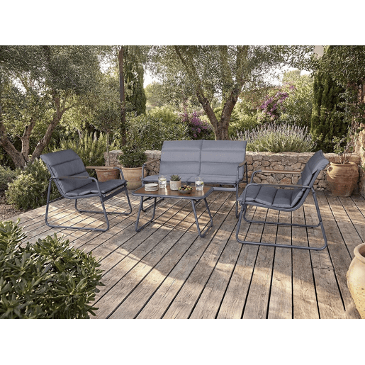 Conjunto de mobiliário de jardim Bastia com almofadas metálicas - 4 lugares - Cinzento Conjunto de mobiliário de jardim Bastia com almofadas metálicas - 4 lugares - Cinzento