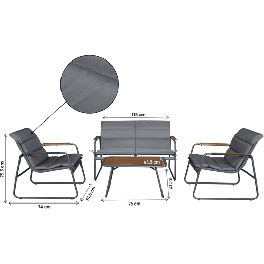 Conjunto de mobiliário de jardim Bastia com almofadas metálicas - 4 lugares - Cinzento Conjunto de mobiliário de jardim Bastia com almofadas metálicas - 4 lugares - Cinzento