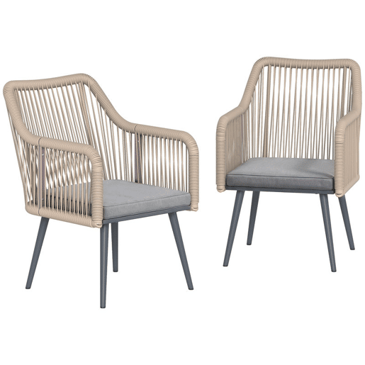 Outsunny Conjunto de 2 Cadeiras de Jardim em Vime Cadeiras para Terraço com Almofadas Apoios de Braço e Estrutura de Aço, Resistente às Intempéries para Varanda ou Terraço 54x65x80 cm Cinza Claro