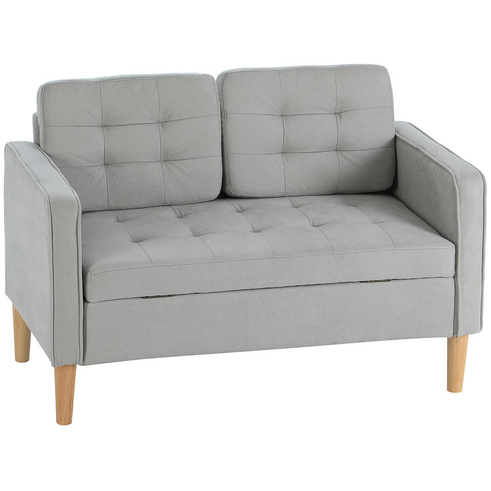 homcom sofa de 2 plazas con espacio de almacenamiento sofa moderno de terciopelo con patas de madera respaldo capitone para salon dormitorio oficina 117x62x78 cm gris claro