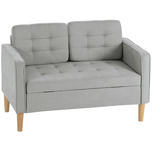 HOMCOM Sofá de 2 Lugares com Espaço de Armazenamento Sofá Moderno em Veludo com Pés de Madeira Encosto Capitonê para Sala Quarto ou Escritório 117x62x78 cm Cinzento Claro