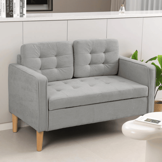 HOMCOM Sofá de 2 Lugares com Espaço de Armazenamento Sofá Moderno em Veludo com Pés de Madeira Encosto Capitonê para Sala Quarto ou Escritório 117x62x78 cm Cinzento Claro