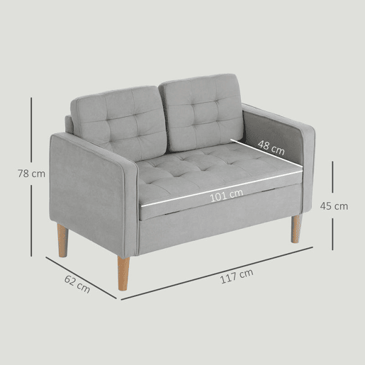 HOMCOM Sofá de 2 Lugares com Espaço de Armazenamento Sofá Moderno em Veludo com Pés de Madeira Encosto Capitonê para Sala Quarto ou Escritório 117x62x78 cm Cinzento Claro