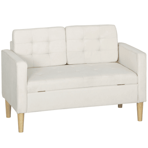 HOMCOM Sofá de 2 Lugares com Espaço de Armazenamento Sofá Moderno de Veludo com Pés de Madeira Encosto Capitonê para Sala Quarto Escritório 117x62x78 cm Creme