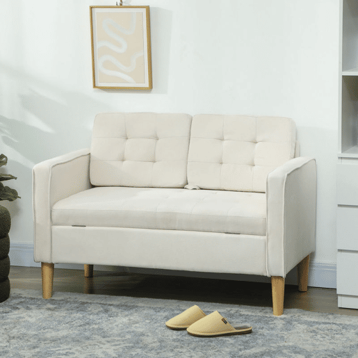 HOMCOM Sofá de 2 Lugares com Espaço de Armazenamento Sofá Moderno de Veludo com Pés de Madeira Encosto Capitonê para Sala Quarto Escritório 117x62x78 cm Creme