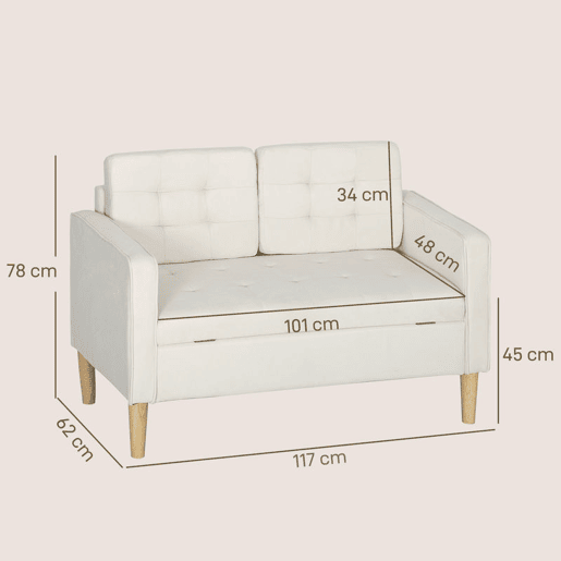 HOMCOM Sofá de 2 Lugares com Espaço de Armazenamento Sofá Moderno de Veludo com Pés de Madeira Encosto Capitonê para Sala Quarto Escritório 117x62x78 cm Creme