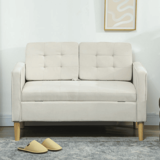 HOMCOM Sofá de 2 Lugares com Espaço de Armazenamento Sofá Moderno de Veludo com Pés de Madeira Encosto Capitonê para Sala Quarto Escritório 117x62x78 cm Creme