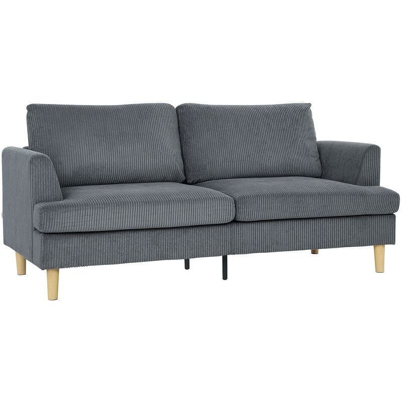 Homcom sofá de 3 plazas, sofá de salón moderno, 188x80x86 cm, tapizado en pana, acolchado grueso de muelles, asiento ancho, reposabrazos, fácil montaje, 2 almohadas, gris oscuro