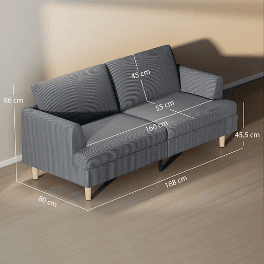 HOMCOM Sofá de 3 Lugares Sofá Moderno para Sala 188x80x86 cm Revestimento em Veludo Almofadas Espessas com Molas Assento Largo Apoios de Braço Fácil Montagem 2 Almofadas Cinzento Escuro