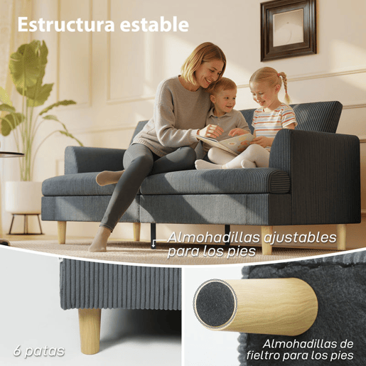 HOMCOM Sofá de 3 Lugares Sofá Moderno para Sala 188x80x86 cm Revestimento em Veludo Almofadas Espessas com Molas Assento Largo Apoios de Braço Fácil Montagem 2 Almofadas Cinzento Escuro
