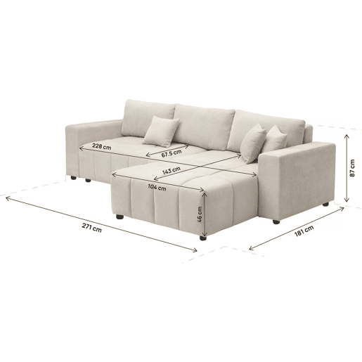George, sofá-cama de canto de 4 lugares, estilo bolha, em tecido chenille - Bege