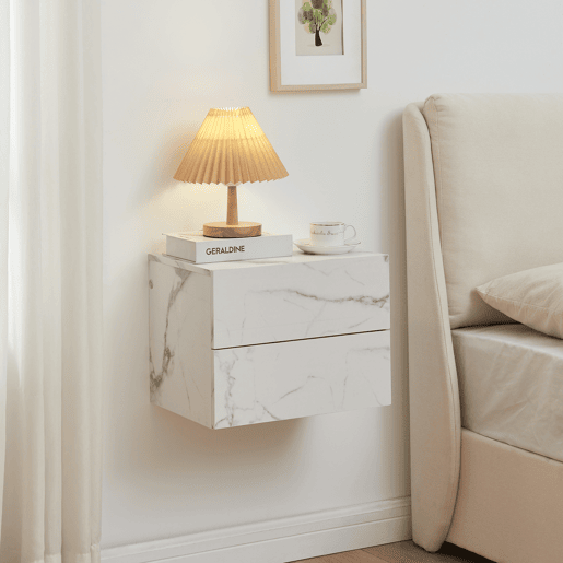 Armário de cabeceira suspenso Ampfing com 2 gavetas 40x29x30cm - Aspeto mármore branco en.casa