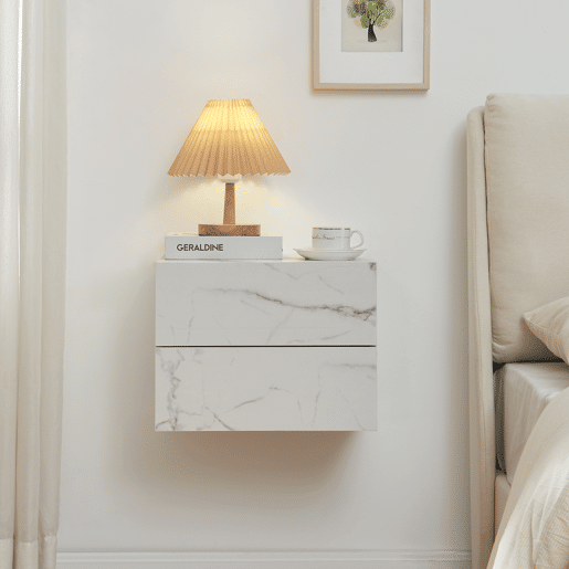 Armário de cabeceira suspenso Ampfing com 2 gavetas 40x29x30cm - Aspeto mármore branco en.casa