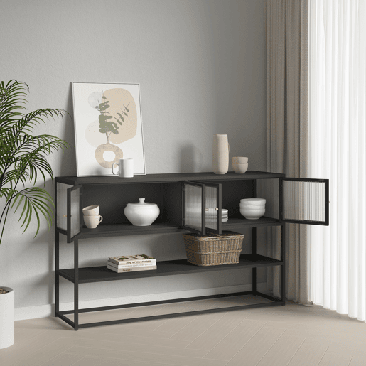 Aparador Säkylä com 4 portas de vidro 150x38x90 cm aço Preto en.casa
