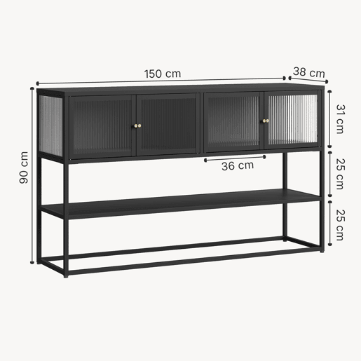 Aparador Säkylä com 4 portas de vidro 150x38x90 cm aço Preto en.casa