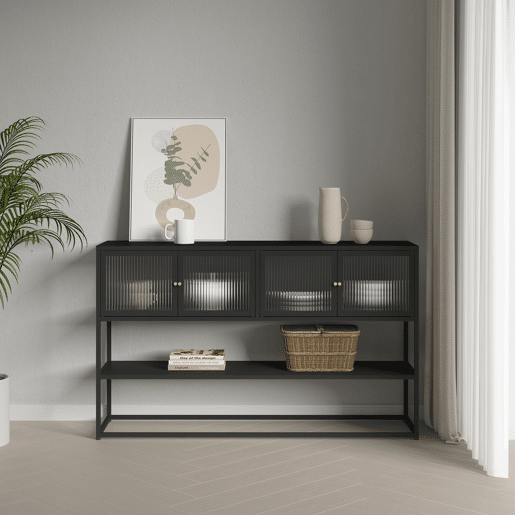 Aparador Säkylä com 4 portas de vidro 150x38x90 cm aço Preto en.casa