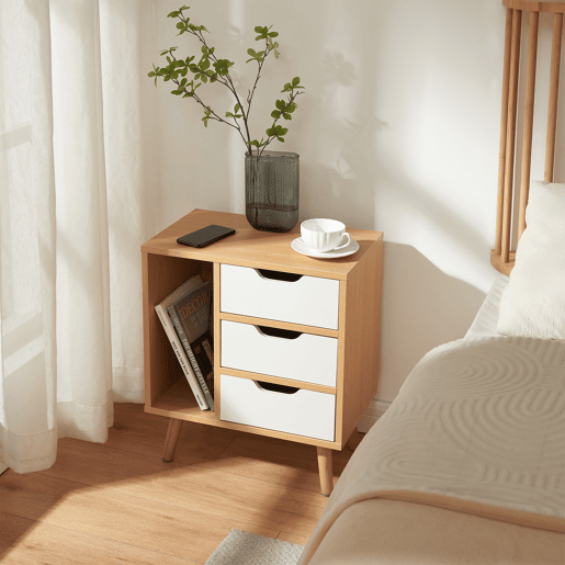 Mesa de cabeceira Bordkak 3 gavetas e 1 compartimento 55x48x30 cm CarvalhoBranco en.casa