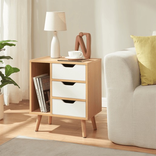 Mesa de cabeceira Bordkak 3 gavetas e 1 compartimento 55x48x30 cm CarvalhoBranco en.casa