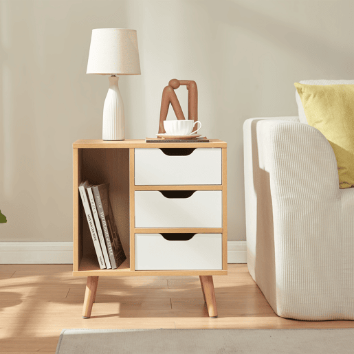 Mesa de cabeceira Bordkak 3 gavetas e 1 compartimento 55x48x30 cm CarvalhoBranco en.casa