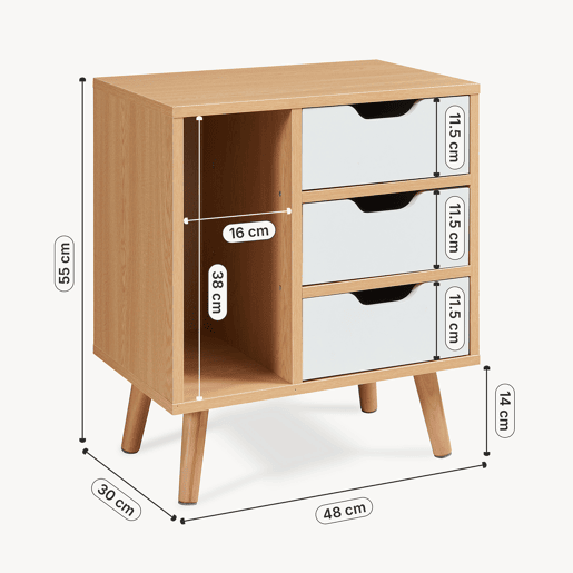 Mesa de cabeceira Bordkak 3 gavetas e 1 compartimento 55x48x30 cm CarvalhoBranco en.casa