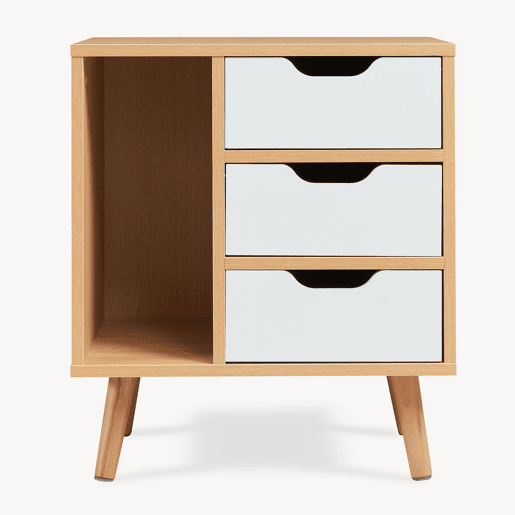 Mesa de cabeceira Bordkak 3 gavetas e 1 compartimento 55x48x30 cm CarvalhoBranco en.casa
