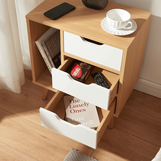 Mesa de cabeceira Bordkak 3 gavetas e 1 compartimento 55x48x30 cm CarvalhoBranco en.casa