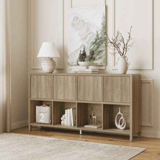 Aparador Lukkodso com 8 compartimentos 77x145x30 cm Carvalho médio claro en.casa Aparador Lukkodso com 8 compartimentos 77x145x30 cm Carvalho médio claro en.casa